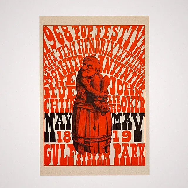 1968 Miami Pop Festival Red Man on a Barrel Poster Unframed 24x36