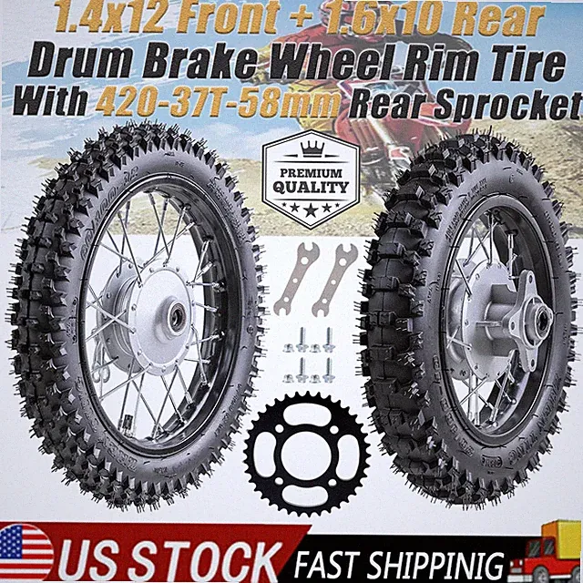 60/100-12 80/100-10 12" 10" Drum Brake Wheel & Sprocket For Dirt Pit Bike KLX110