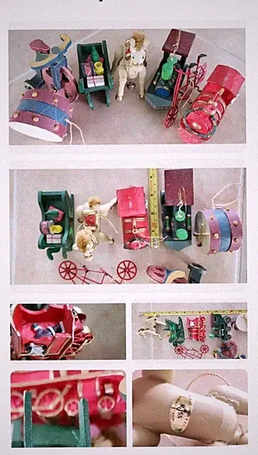 7 Vintage Christmas Ornaments Lot Wood Horse Sled Drum Metal Bike Ceramic Engine