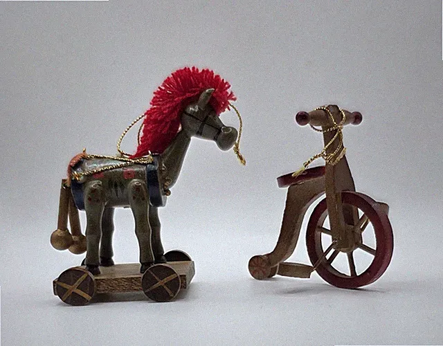 Christmas Ornaments Wood & Knits Lot of 2 Vintage 1970s Drum Horse And Bicycle