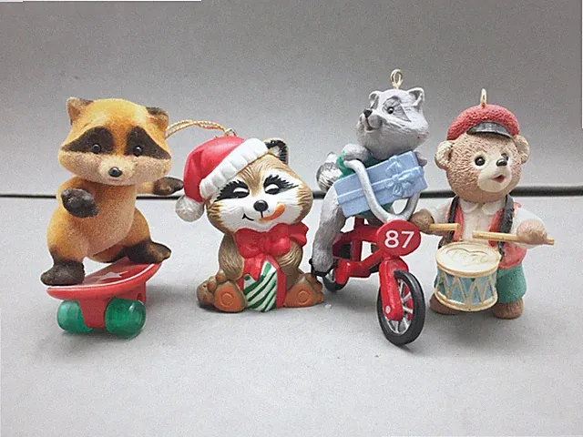 Lot 4 Hallmark Christmas Ornament Raccoon Skateboard Bicycle Santa & Bear Drum