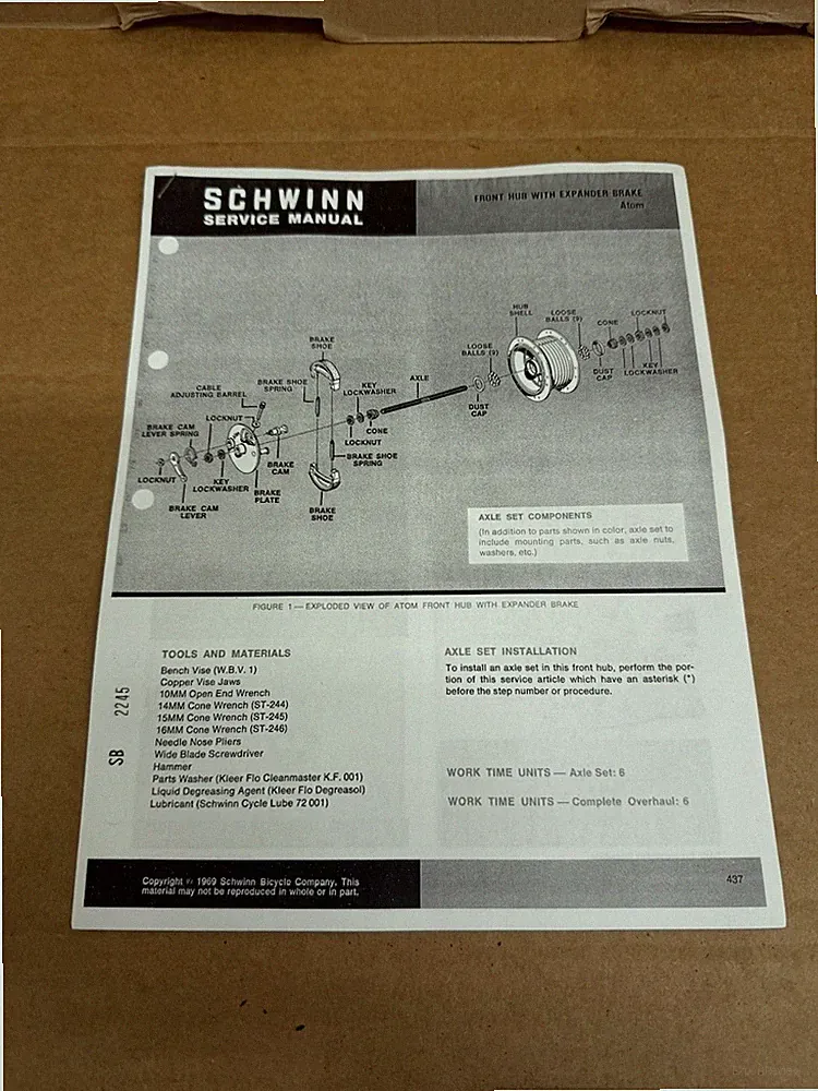 Schwinn Bicycle Atom Expander Drum Brake Hub Service Manual Copy W/Schematic