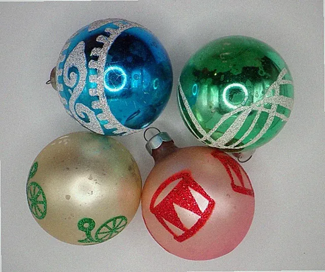 Vintage Stenciled Glitter Glass Ball Christmas Ornaments Drum Bicycle Set of 4