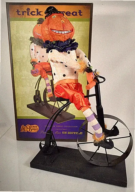 VTG 17.5" Crate and Barrel Trick Or Treat Pumpkin Man On Bicycle Halloween Decor